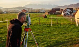 Professional surveyor for fence installation verifying property lines on residential land