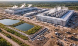 Civil engineer reviewing large data center site with water and utility infrastructure