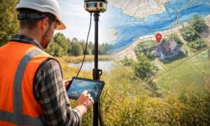 Surveyor collecting elevation and map data in the field as part of work that can affect property survey cost after flood map updates