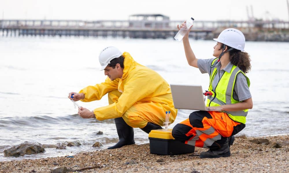 Environmental engineer collecting field water samples to check for PFAS contamination