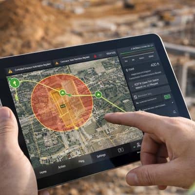Flight planning map tablet construction site - ALTA SURVEY Fortworth Drone surveying flight planning on tablet showing controlled airspace near construction site