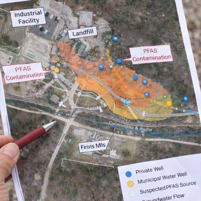Environmental engineer reviewing a groundwater contamination pathway map for PFAS risk assessment