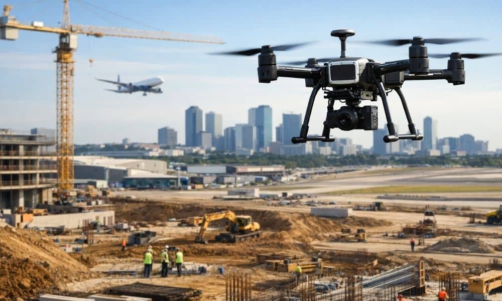 Professional drone over construction site - ALTA SURVEY Fortworth Professional drone surveying over an active construction site near controlled airspace