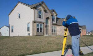 Licensed surveyor measuring a residential property boundary near a suburban home