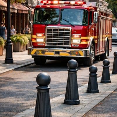 Urban bollards fire truck turning - ALTA SURVEY Fortworth Traffic engineer reviewing emergency vehicle access near street bollards in an urban district