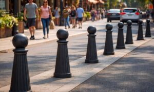 Traffic engineer designed bollards separating pedestrians from vehicles in a busy urban district