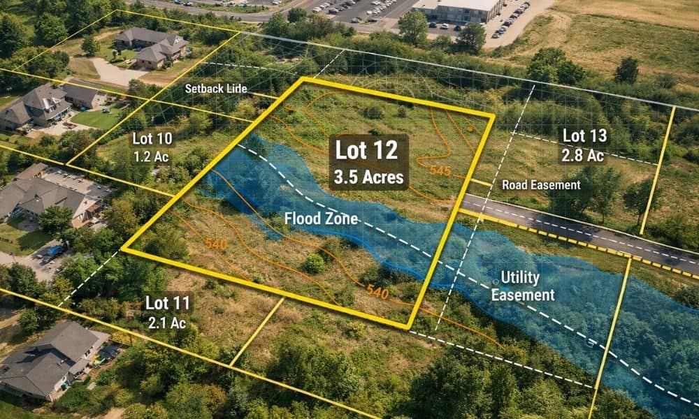 Aerial property map overlay - ALTA SURVEY Fortworth Aerial view of land with mapping overlays showing how a local surveyor identifies property issues before construction