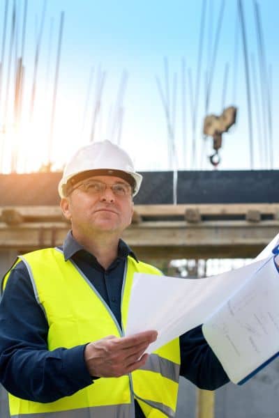 Construction engineer reviewing site plans - ALTA SURVEY Fortworth Construction engineer reviewing plans for safe excavation and foundation engineering work