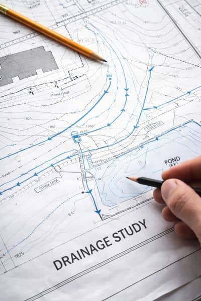 Drainage study site plan analysis blueprint - ALTA SURVEY Fortworth Engineer reviewing a drainage study plan showing water flow and site conditions during land development