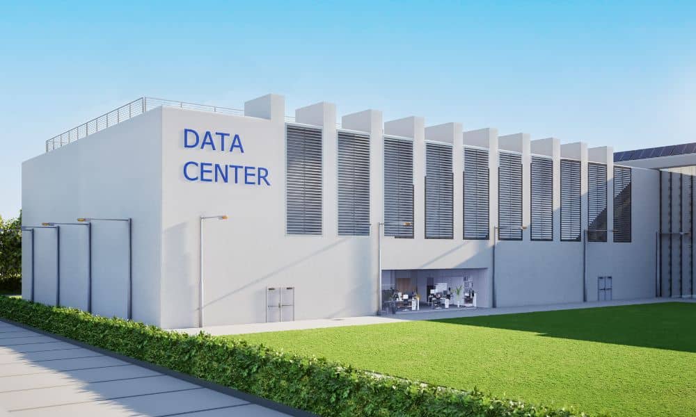 Modern data center building exterior showing clean structural design and large-scale commercial construction