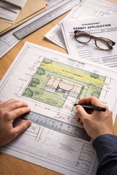 Permit review site plan blueprint - ALTA SURVEY Fortworth Reviewer checking a site plan with measurements and notes from a plat of survey to confirm property boundaries and setbacks for permit approval