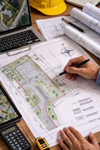 Property boundary and site survey map - ALTA SURVEY Fortworth Detailed site survey map showing property boundaries, easements, and utilities from an ALTA survey used to verify land details before closing