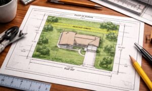 Detailed property layout showing boundaries, setback lines, and easements in a plat of survey used for permit approval