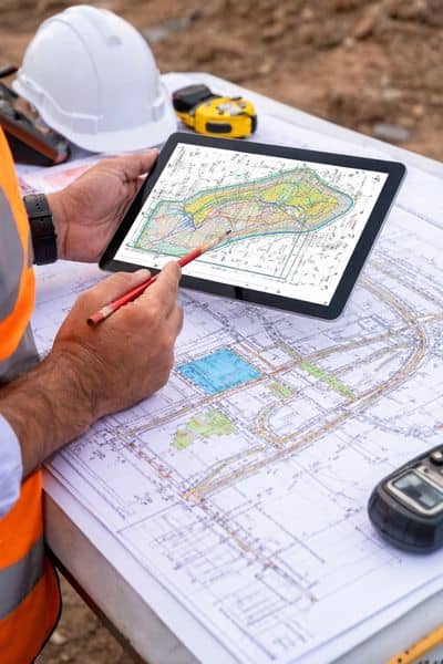 Site plan and topographic survey map for development - ALTA SURVEY Fortworth Commercial property surveyor reviewing a topographic survey map used for development planning