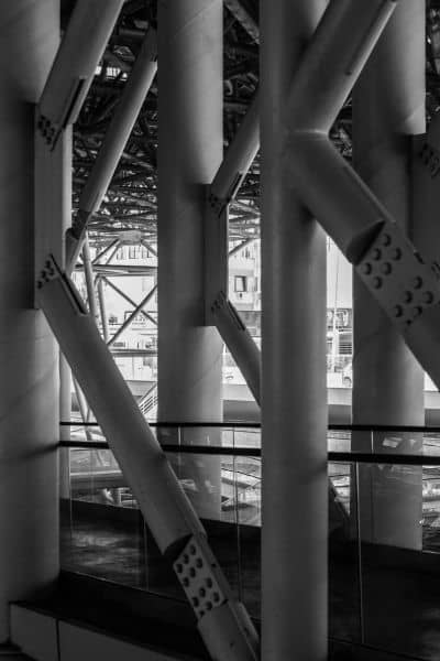 Steel structural support system showing columns and bracing used in modern structural design for load-bearing buildings