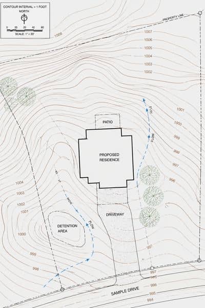 Topographic survey with contour lines showing how the land slopes across a site