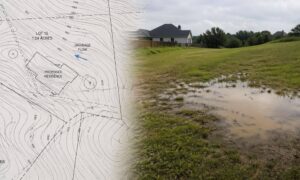 Topographic survey with contour lines next to real land showing subtle slope and drainage differences