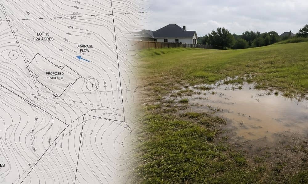 Topographic survey with contour lines next to real land showing subtle slope and drainage differences