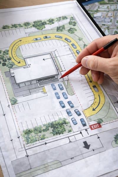 Drive thru site layout traffic flow plan - ALTA SURVEY Fortworth Traffic engineer reviewing a site layout plan showing drive-thru queue length and vehicle flow