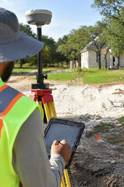 A land surveyor reviewing boundary lines and site details, similar to how an ALTA title survey identifies access and property constraints