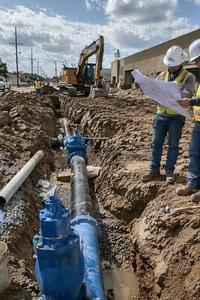 A realistic portrait view of a construction site showing exposed utility trenches, pipes, and workers reviewing plans while coordinating underground infrastructure work during active development