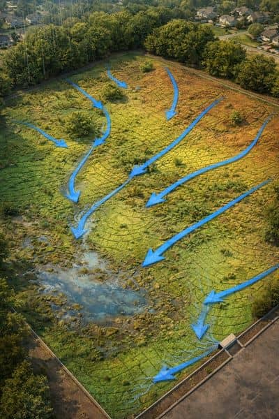 Water flow terrain drainage illustration aerial - ALTA SURVEY Fortworth Aerial visualization of water flowing across uneven land showing drainage paths, slope changes, and runoff direction across a construction site