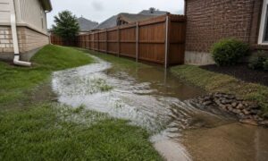 Water pooling in a residential backyard near a home after rain, showing a drainage problem that may lead homeowners to search for engineering consultants near me