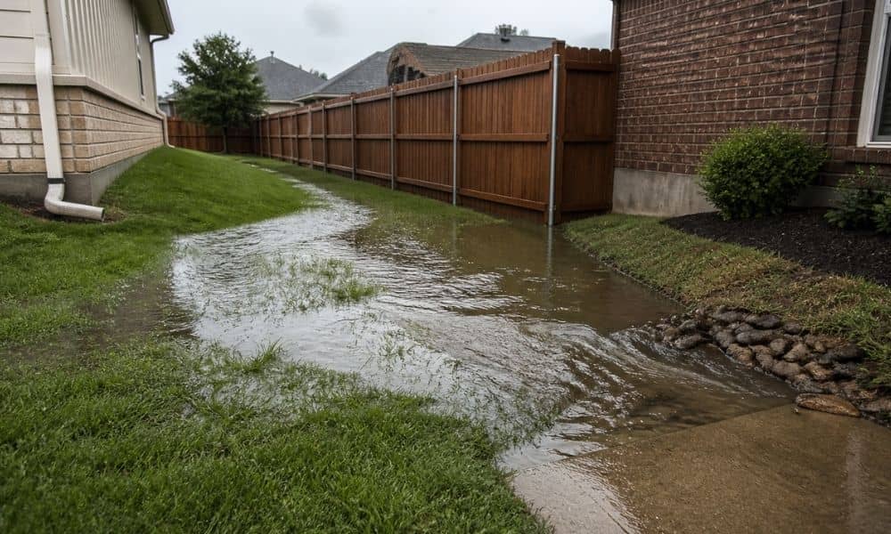 Water pooling in a residential backyard near a home after rain, showing a drainage problem that may lead homeowners to search for engineering consultants near me