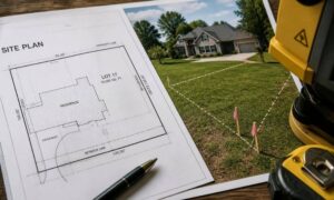 Realistic comparison of a site plan and an actual residential property, showing survey stakes in a yard and how homeowners can mistake plans for true boundary survey information
