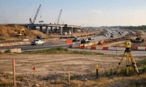 Surveyor working near I-20 highway construction in Fort Worth showing how road expansion can affect nearby commercial property access