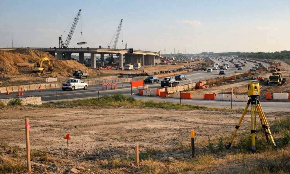 Alta survey near i20 fort worth highway construction - ALTA SURVEY Fortworth Surveyor working near I-20 highway construction in Fort Worth showing how road expansion can affect nearby commercial property access