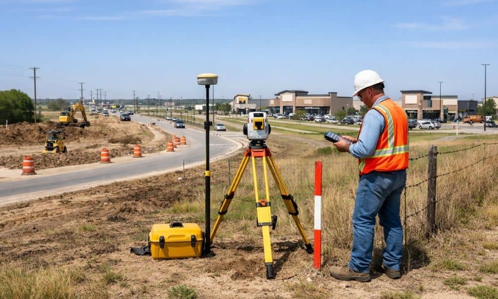 Licensed land surveyor reviewing property boundaries near a growing retail development area
