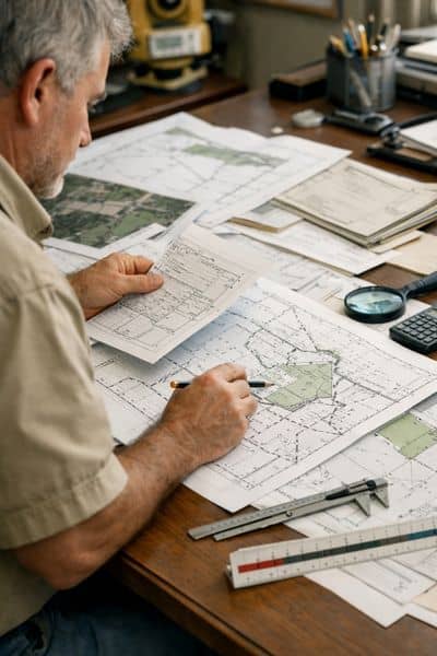 Licensed land surveyor reviewing legal property descriptions and boundary maps